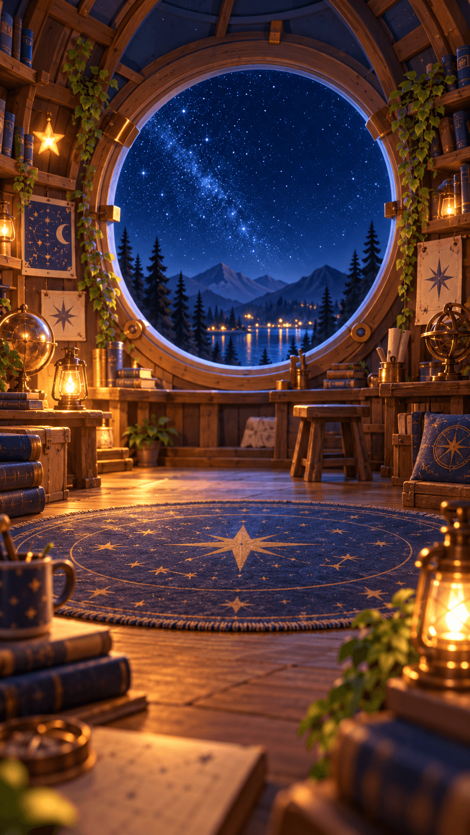 Capy, Missing Moon: the observatory at night with a round window onto a starry sky, lanterns, star charts and a compass rug