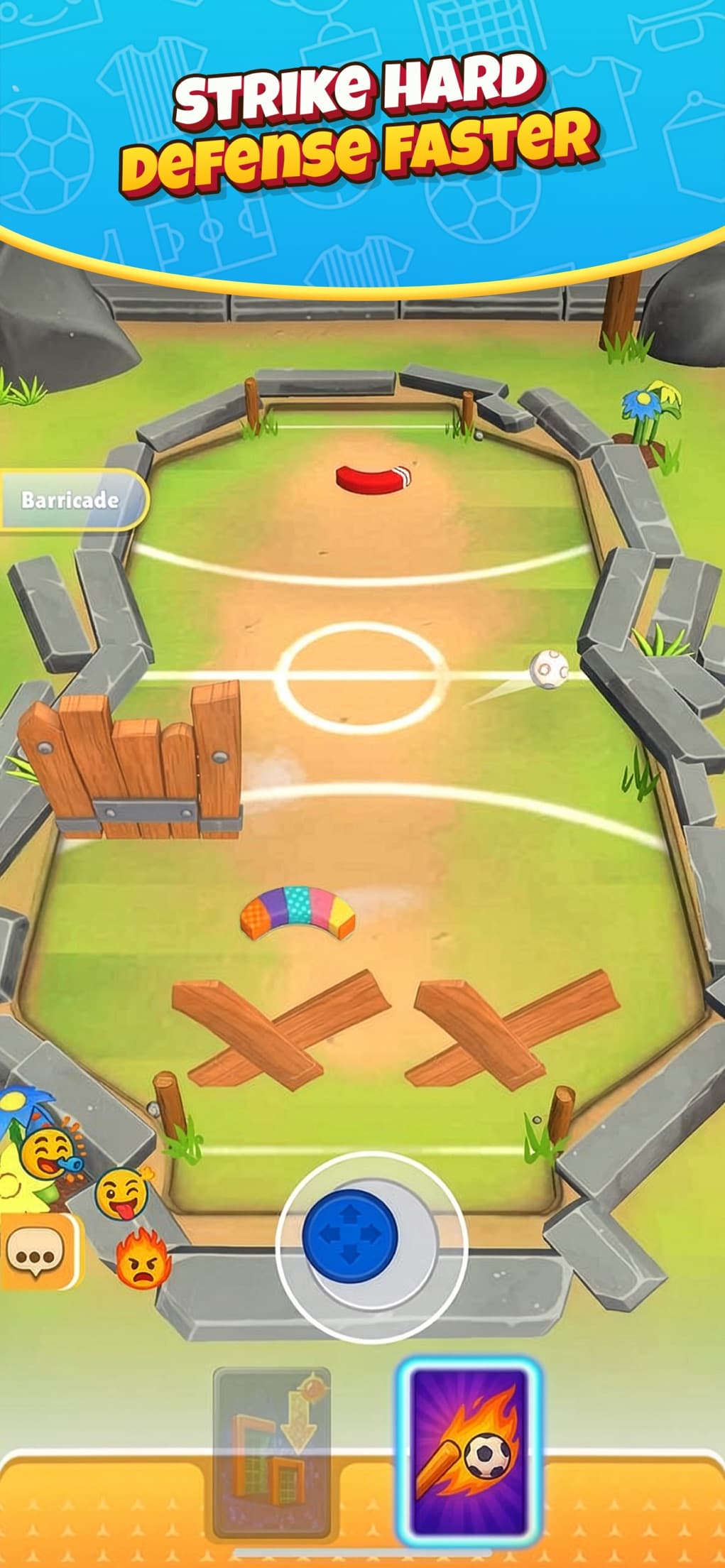 DoGoal arena: barricades, a moving ball and the player's stick in a real-time 1v1 match