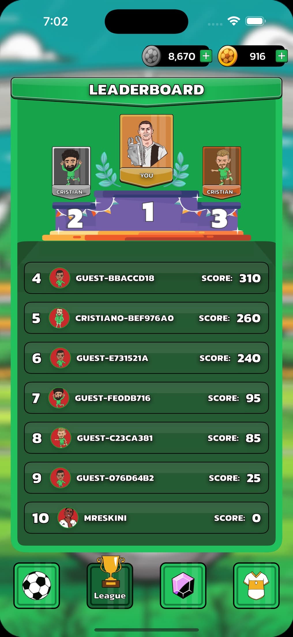 FooQ league leaderboard with podium and ranked players