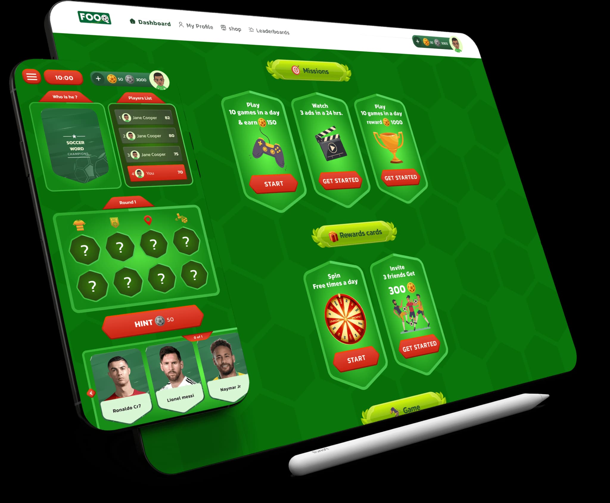 Earlier FooQ dashboard on a tablet and phone, 2023 marketing render