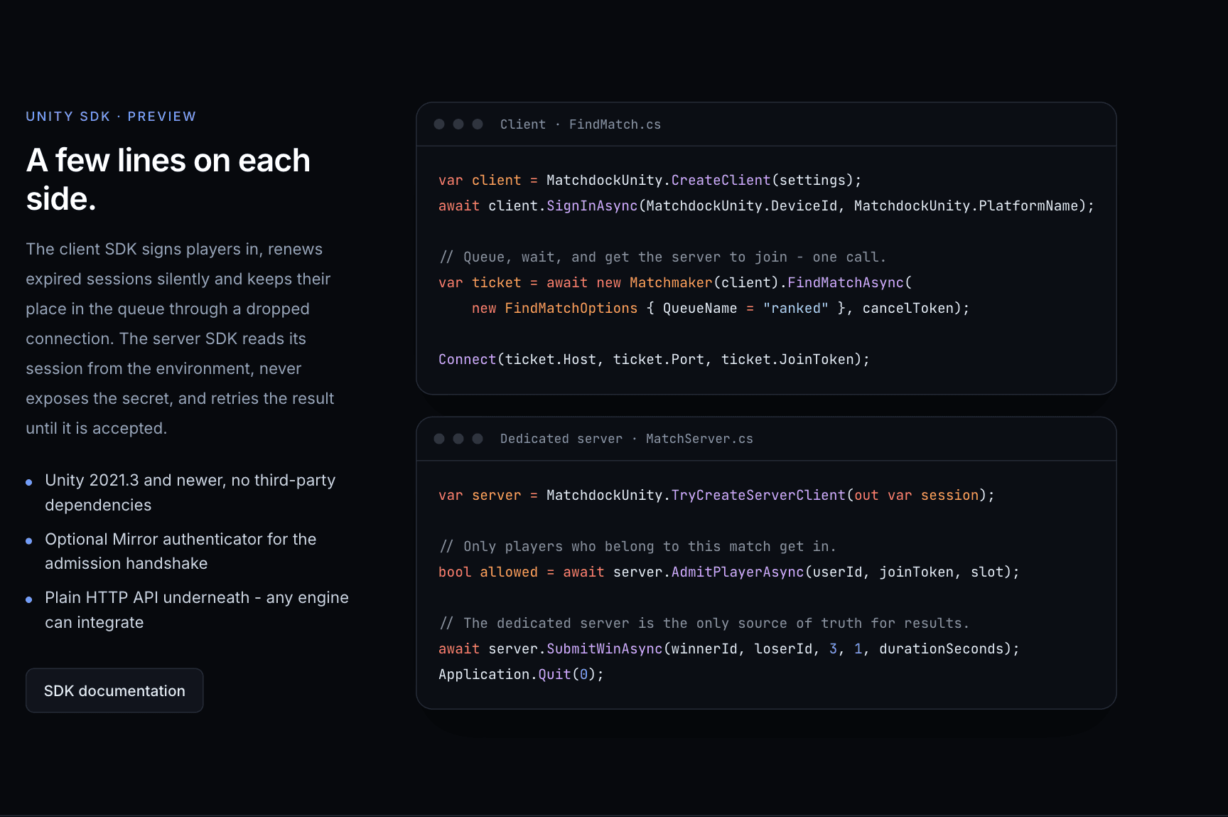 Matchdock Unity SDK code for the client (FindMatch.cs) and the dedicated server (MatchServer.cs)