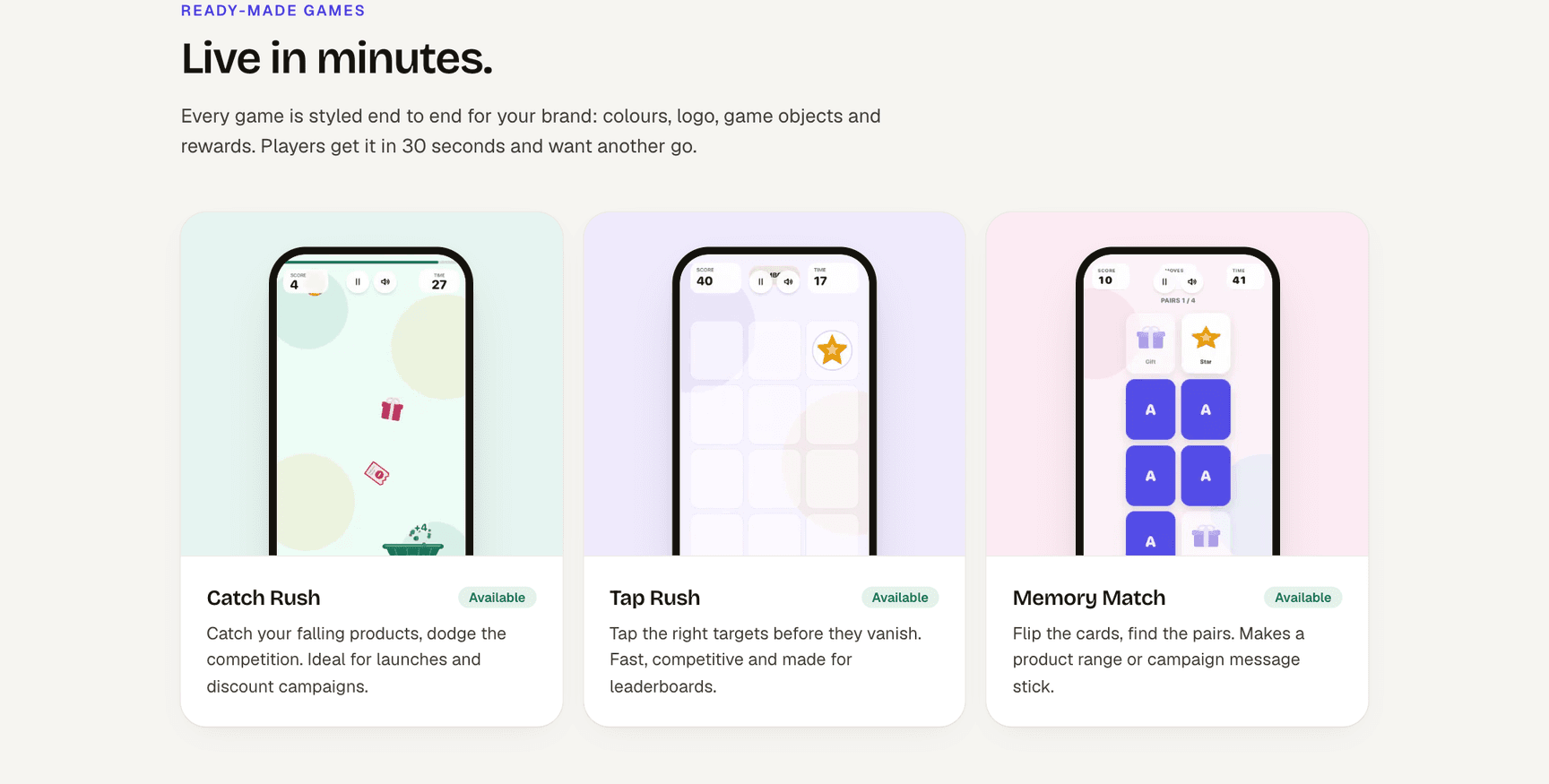 Nimblefun's three ready-made games: Catch Rush, Tap Rush and Memory Match
