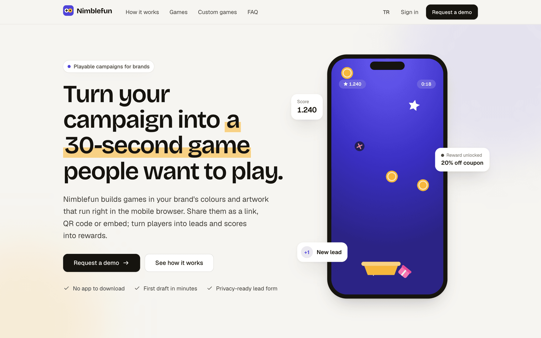 nimblefun.com landing page with a branded catch game, a score, an unlocked coupon and a new lead