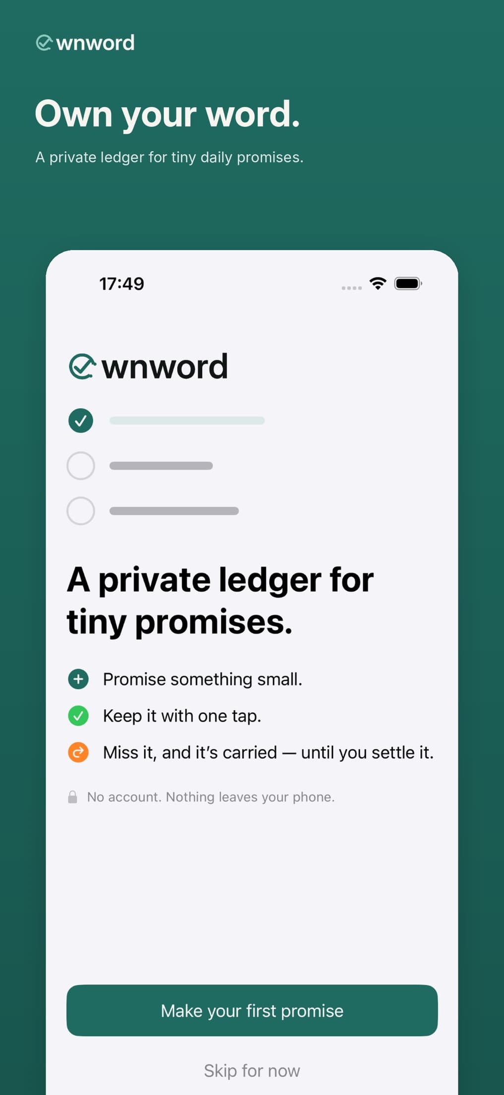 Ownword onboarding: a private ledger for tiny promises