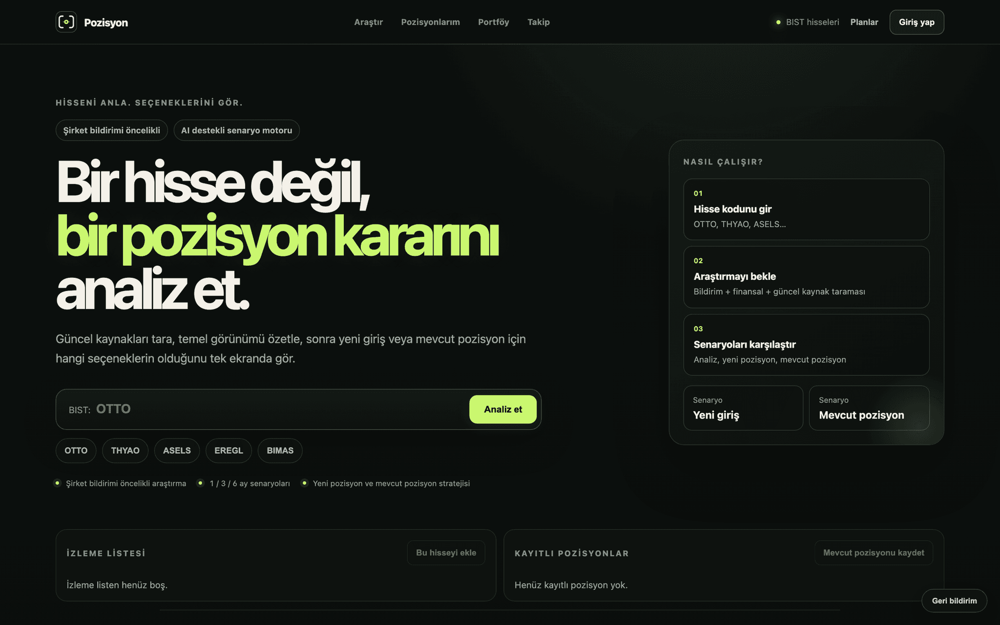 Pozisyon: 'Bir hisse değil, bir pozisyon kararını analiz et' with a BIST ticker input and the three-step research flow