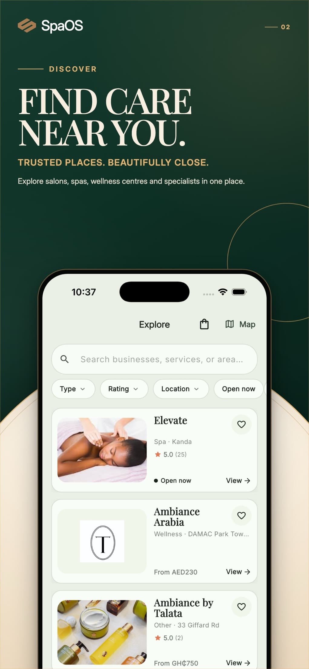 SpaOS consumer app: explore salons and spas with type, rating and location filters