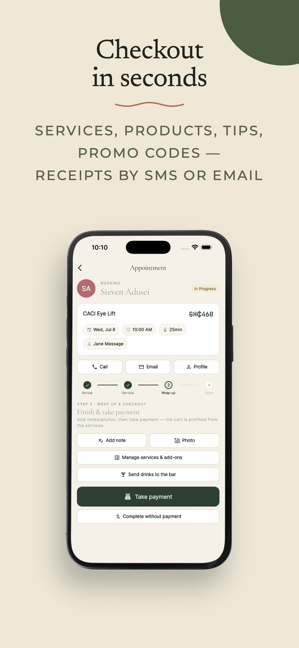 SpaOS Business: an in-progress appointment with wrap-up and take-payment actions