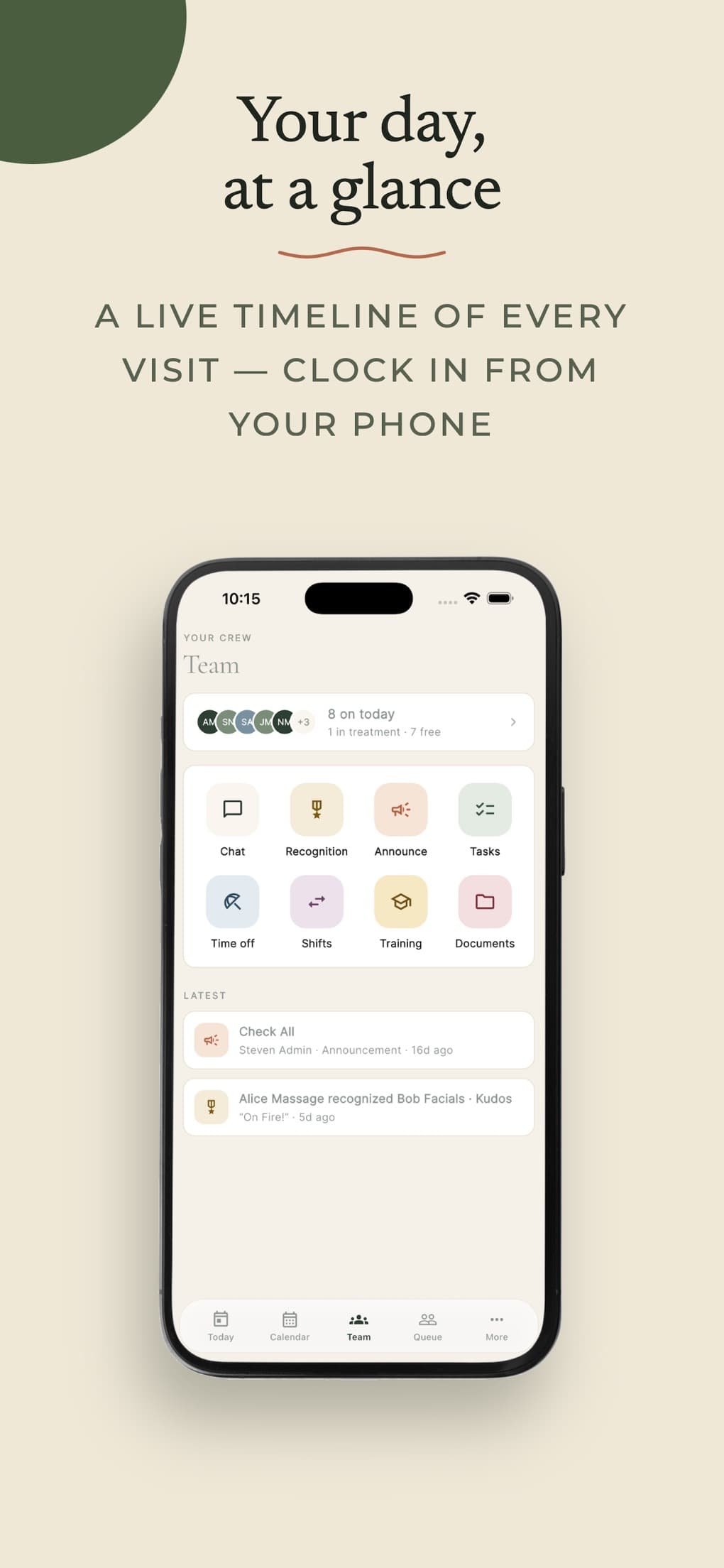 SpaOS Business team screen: who is on today, chat, recognition, tasks, shifts