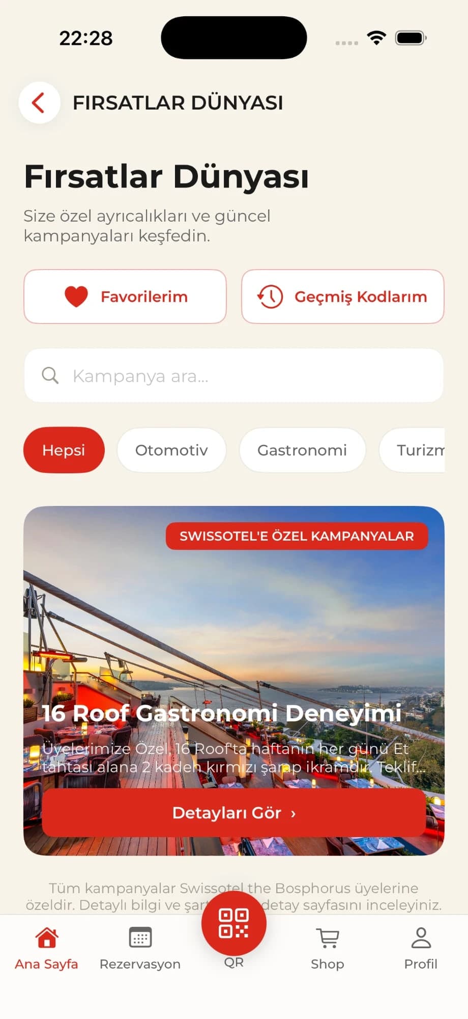 Fırsatlar Dünyası: campaigns exclusive to Swissôtel members, with favourites, past codes and categories