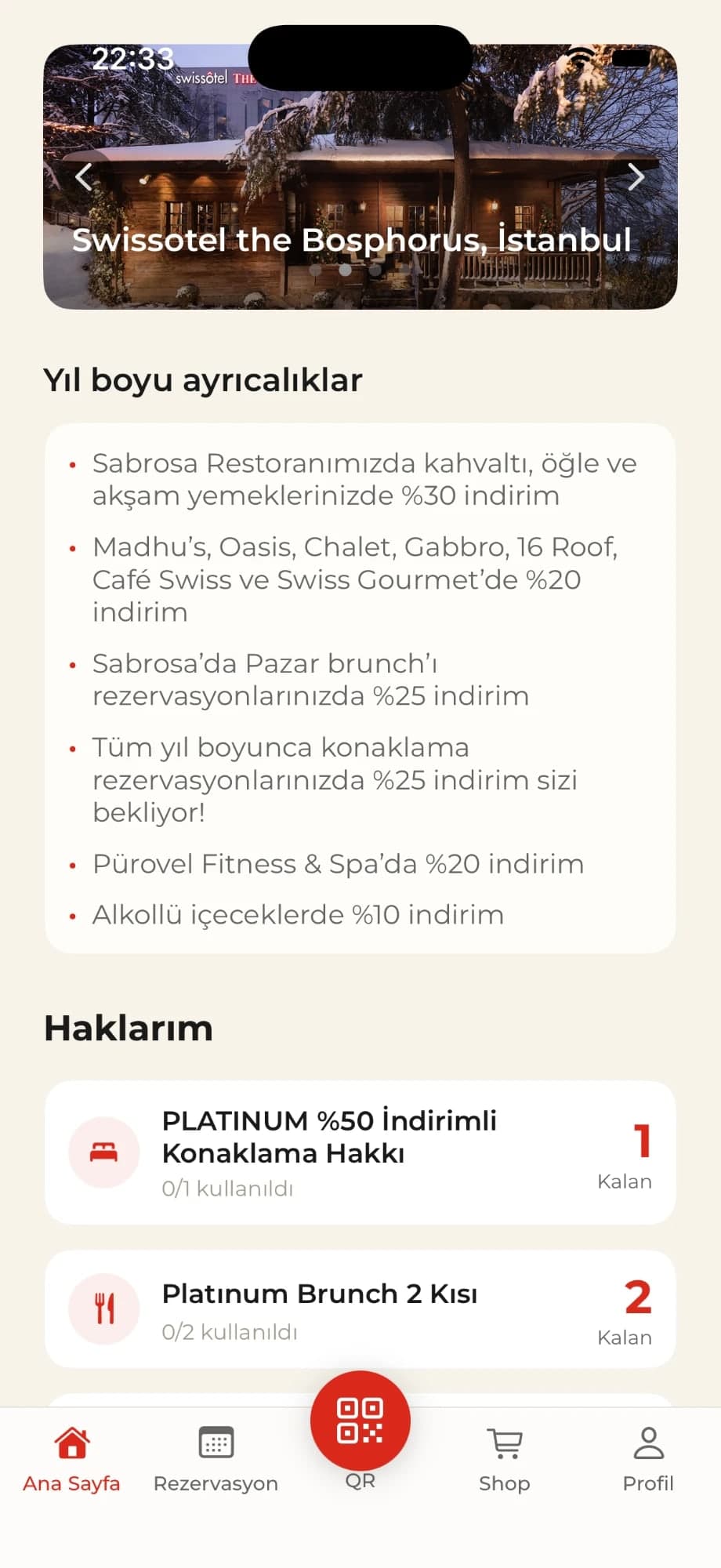 Year-round privileges and the member's entitlements, such as a discounted stay and brunch for two