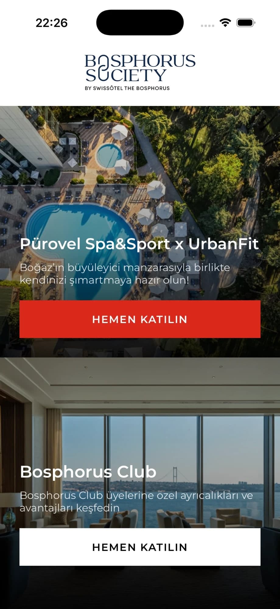 Bosphorus Society welcome screen: Pürovel Spa & Sport x UrbanFit and Bosphorus Club