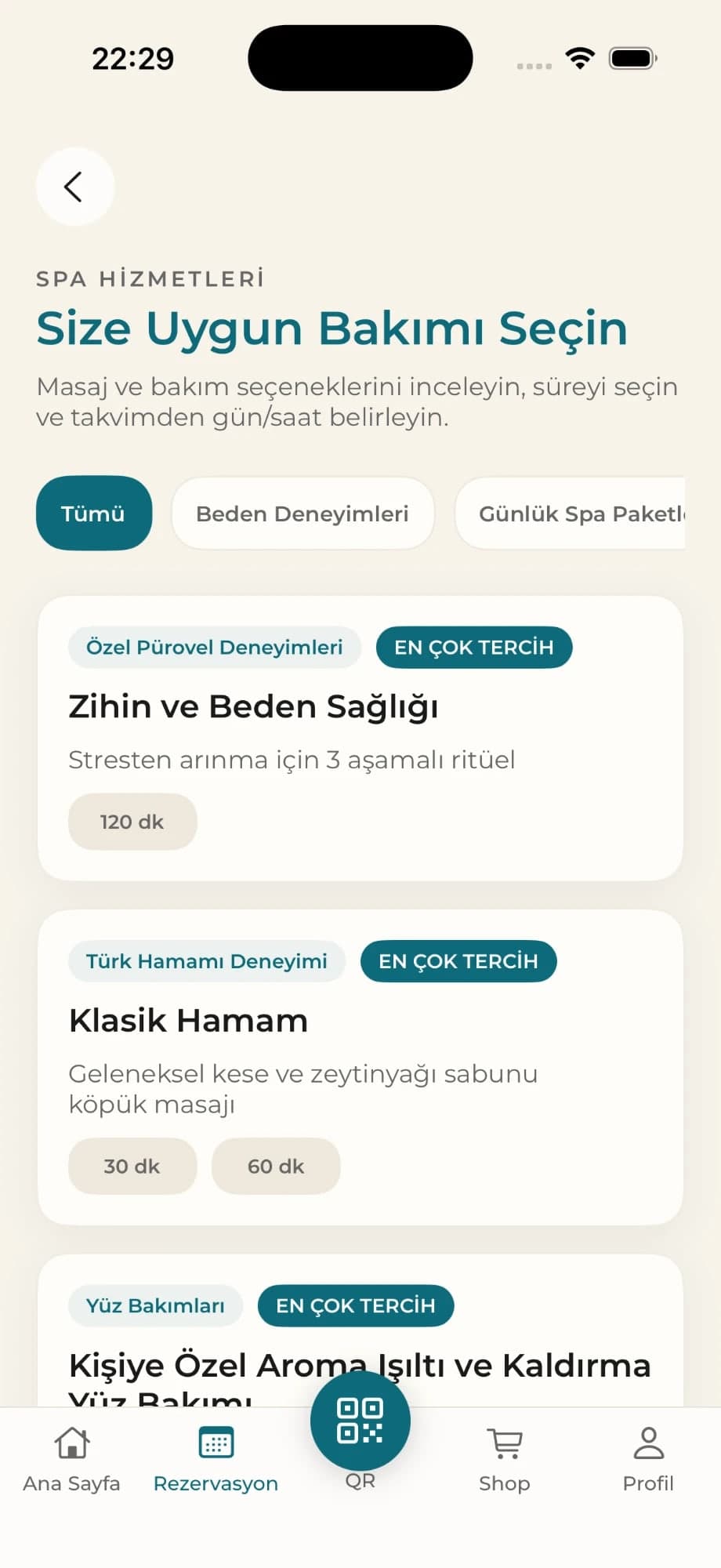 Spa services with categories and durations