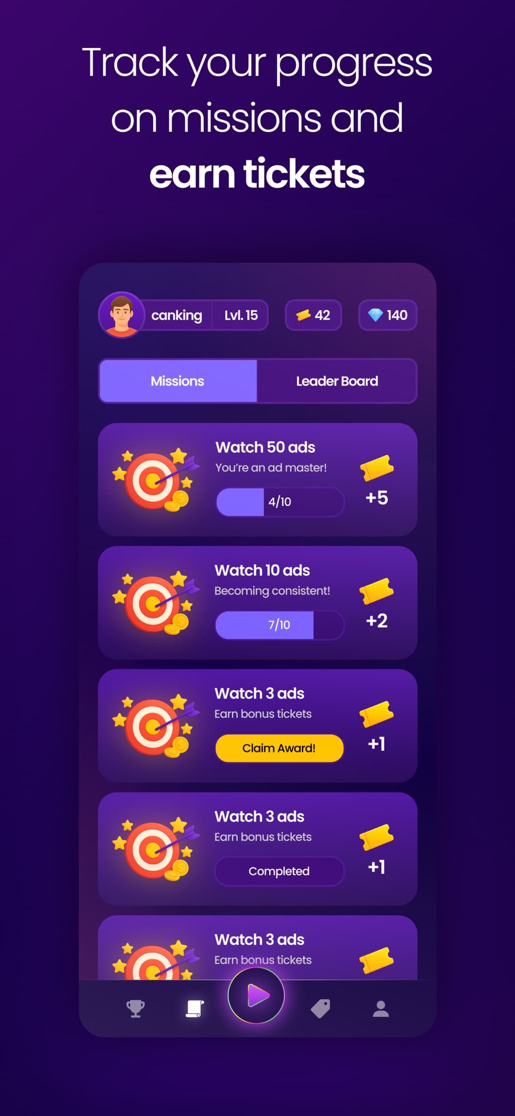 Vinty missions: watch 3, 10 or 50 ads with progress and claim states