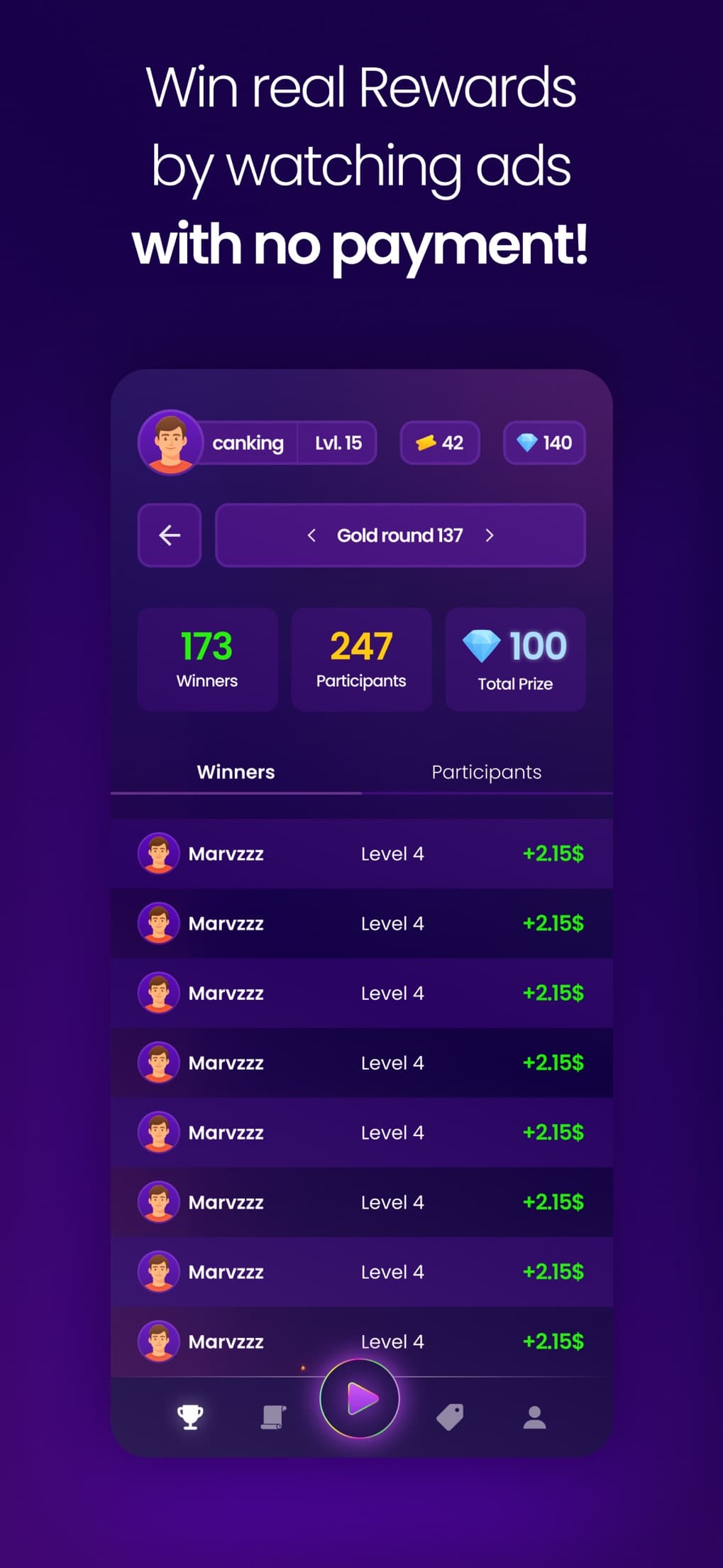 A closed Vinty gold round showing winners, participants and total prize