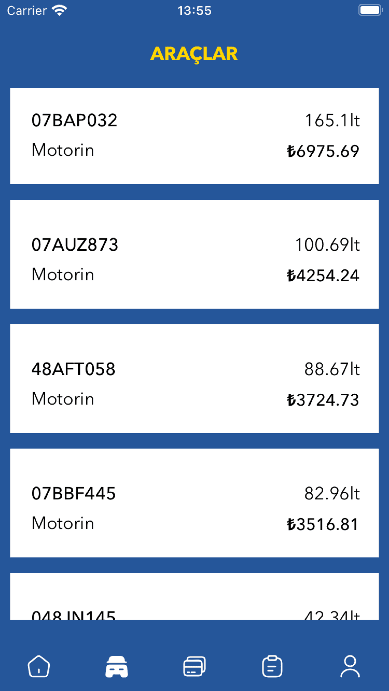 Yakıt Online vehicle list with litres and spend per plate